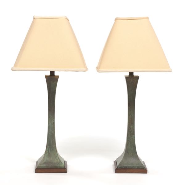 Appraisal: PAIR OF CONTEMPORARY BRONZE LAMPS H to finial Slender verdigris