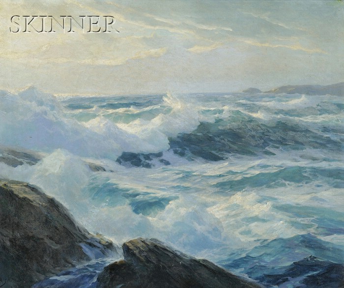 Appraisal: American School th Century Waves Breaking on Rocky Coastline Signed