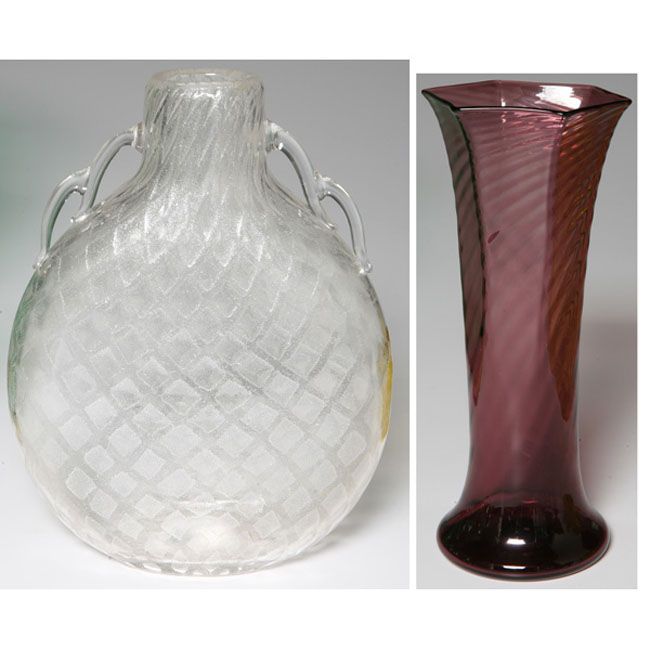 Appraisal: Steuben Silverina vase flattened form in clear glass with applied