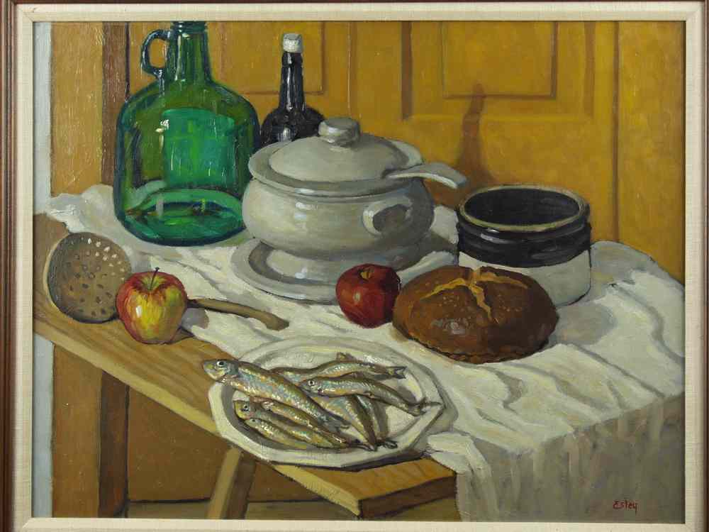 Appraisal: OOC - Still life with crockery green glass jug and