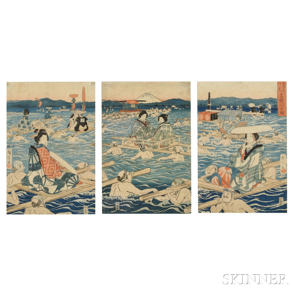 Appraisal: Utagawa Hiroshige - Oigawa River Japan color woodblock triptych published