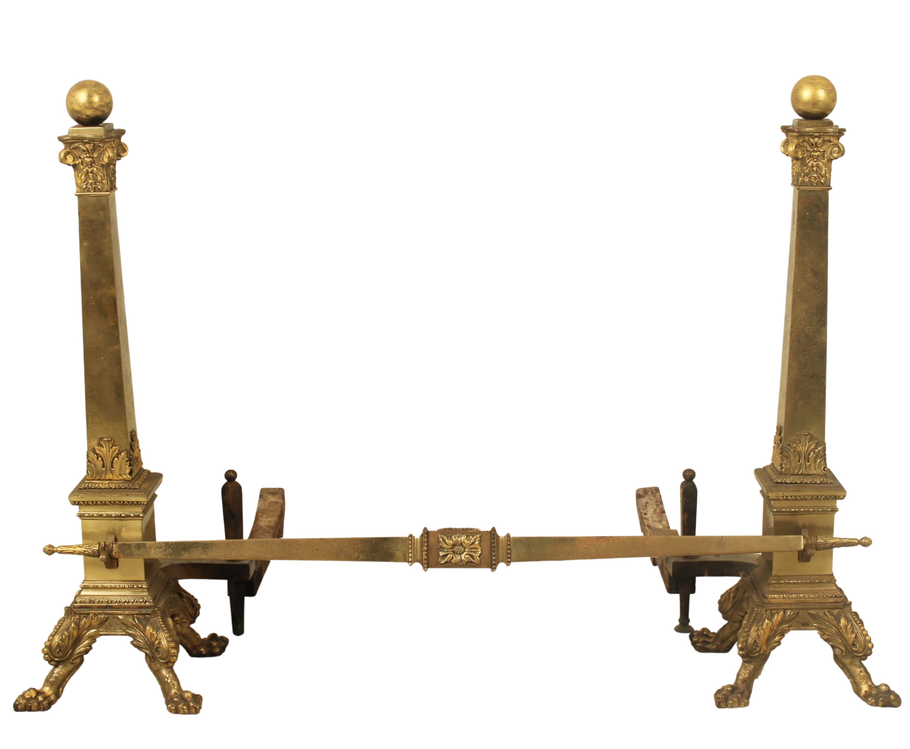 Appraisal: American Renaissance Revival gilt brass piece andiron set having ball