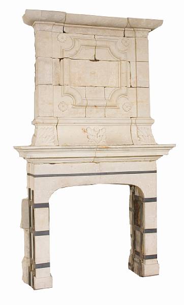 Appraisal: A French Baroque stone fireplace surround part th century The