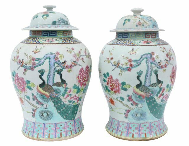 Appraisal: pair Chinese famille rose porcelain temple jars decorated with arrangements