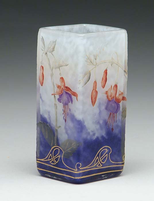 Appraisal: DAUM CAMEO ENAMELED VASE Beautiful square vase has red and