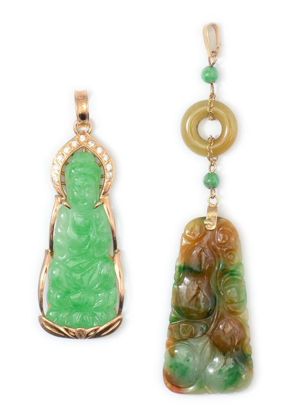 Appraisal: PIECE CARVED JADEITE PENDANTS SET IN GOLD W DIAMONDS K