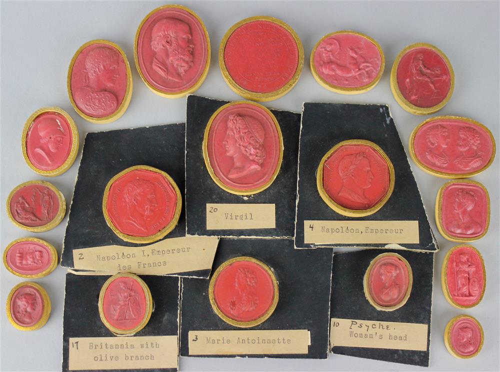 Appraisal: NINETEEN CAST VERMILLION GLASS AND SULPHUR COMPOSITION CAMEO GEMS IN