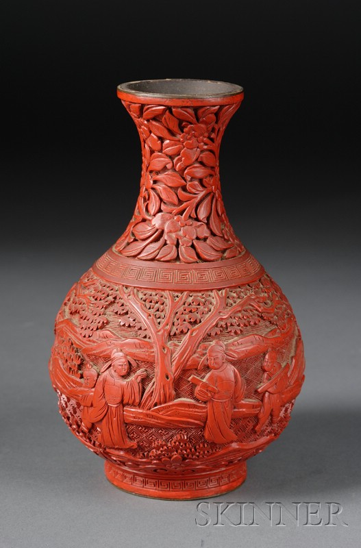 Appraisal: Cinnabar Bottle Vase China th century carved red lacquer with