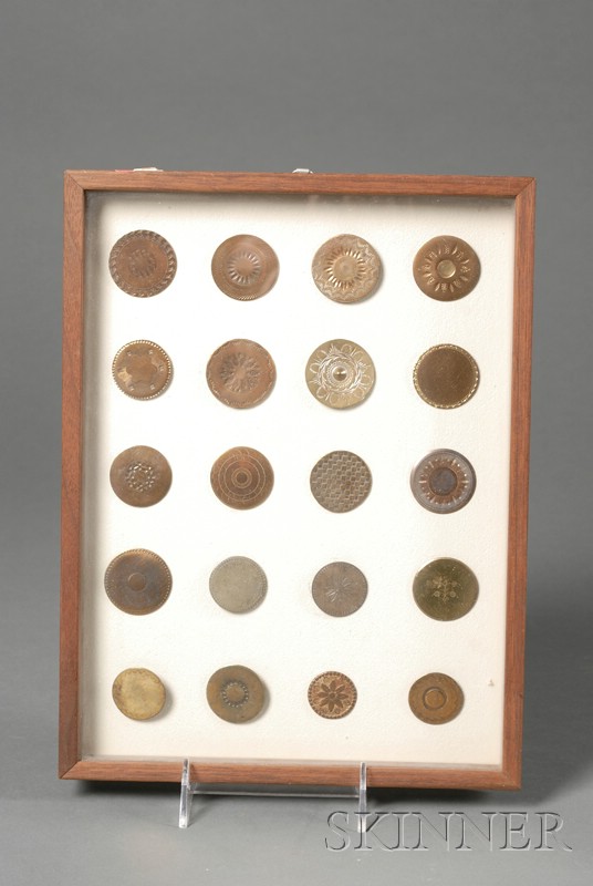 Appraisal: Twenty Framed Colonial Brass Copper and Pewter Buttons America th