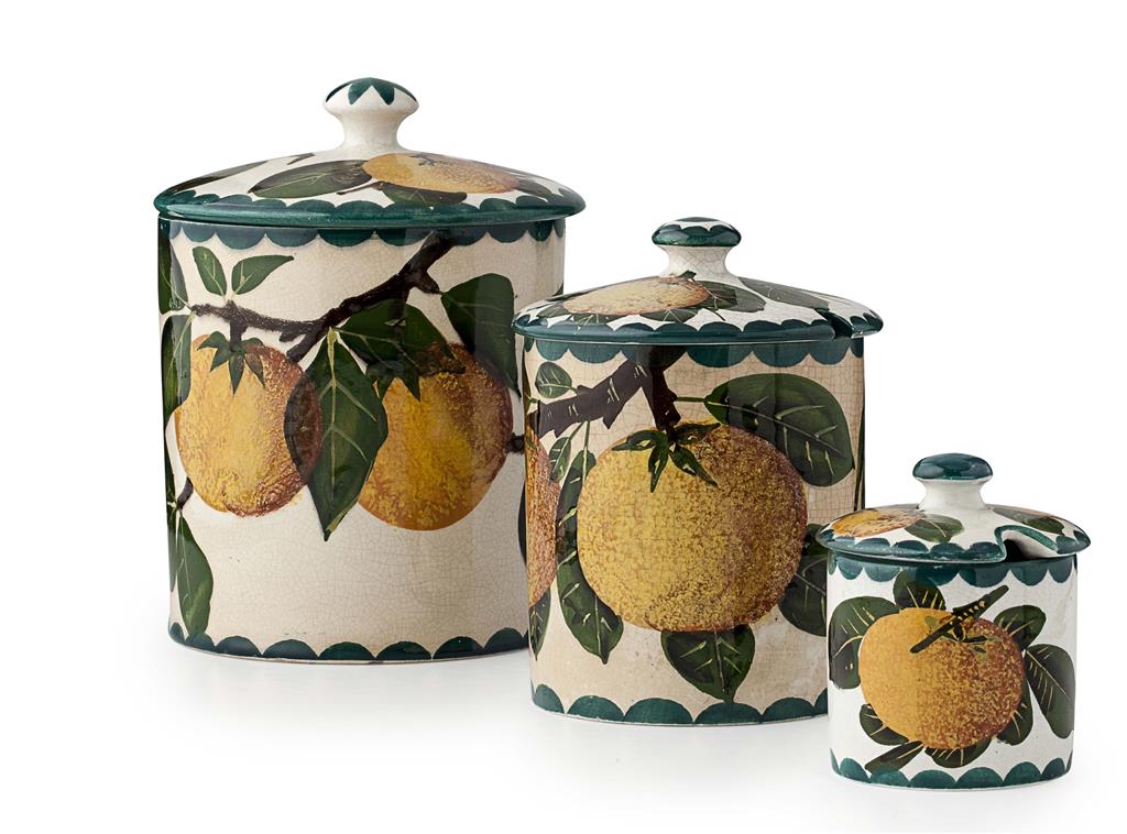 Appraisal: WEMYSS WARE THREE GRADUATED 'ORANGES' PRESERVE JARS COVERS CIRCA the