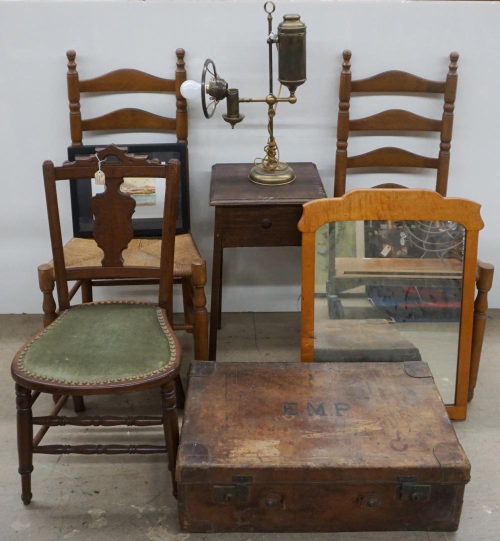 Appraisal: COLLECTION OF RUSTIC FURNITURE INCLUDING RUSH SEAT SIDE CHAIRS LEATHER