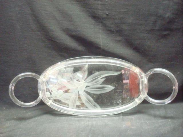 Appraisal: Signed Art Deco Glass Vanity Tray With etched flowers and