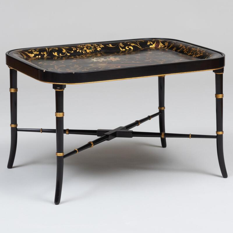 Appraisal: English Black and Polychrome Painted T le Tray on Later