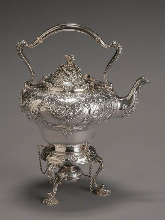 Appraisal: Victorian-Edward VII Silver Assembled Hot Water Kettle-on-Burner Stand The teapot