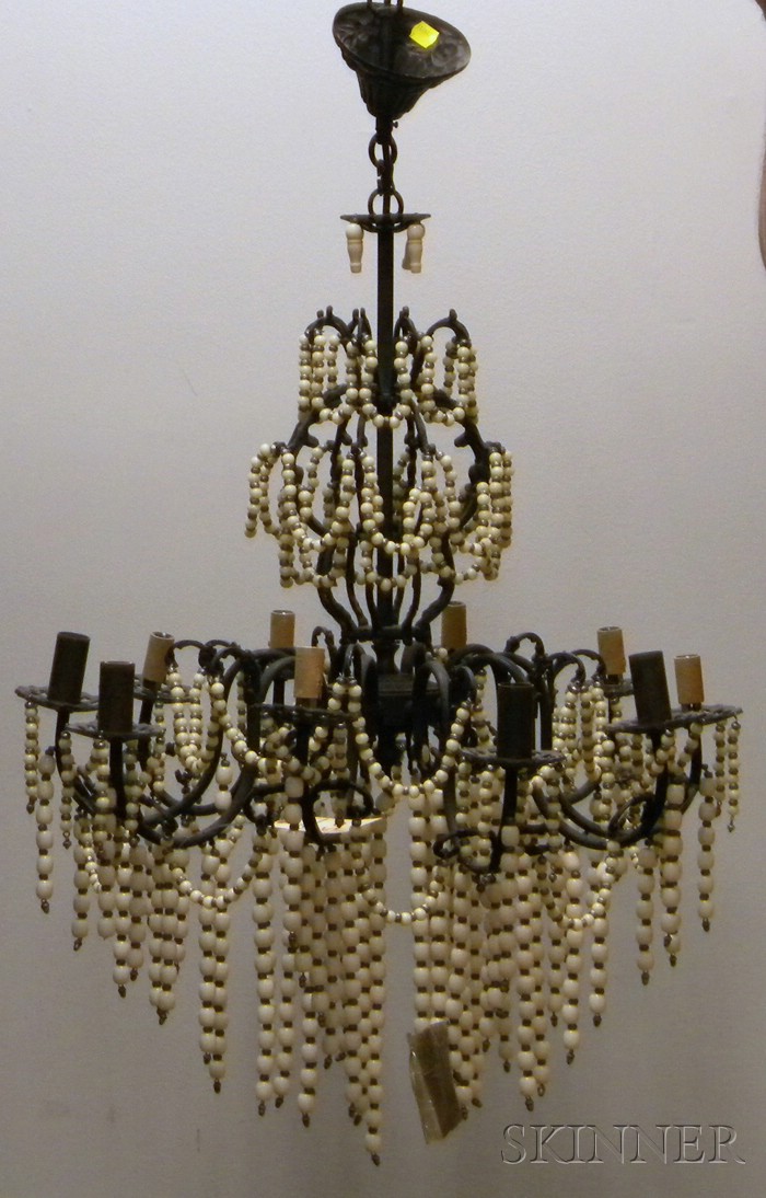 Appraisal: Continental-style Black-painted Wrought Iron and Glass and Metal Beaded Ten-Light