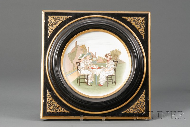 Appraisal: Framed Kate Greenaway Earthenware Plaque England th century handpainted polychrome