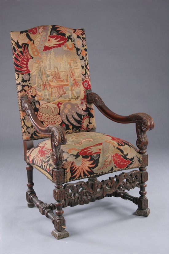 Appraisal: CONTINENTAL LOUIS XIV STYLE CARVED WALNUT INLAID NEEDLEWORK FAUTEUIL Early