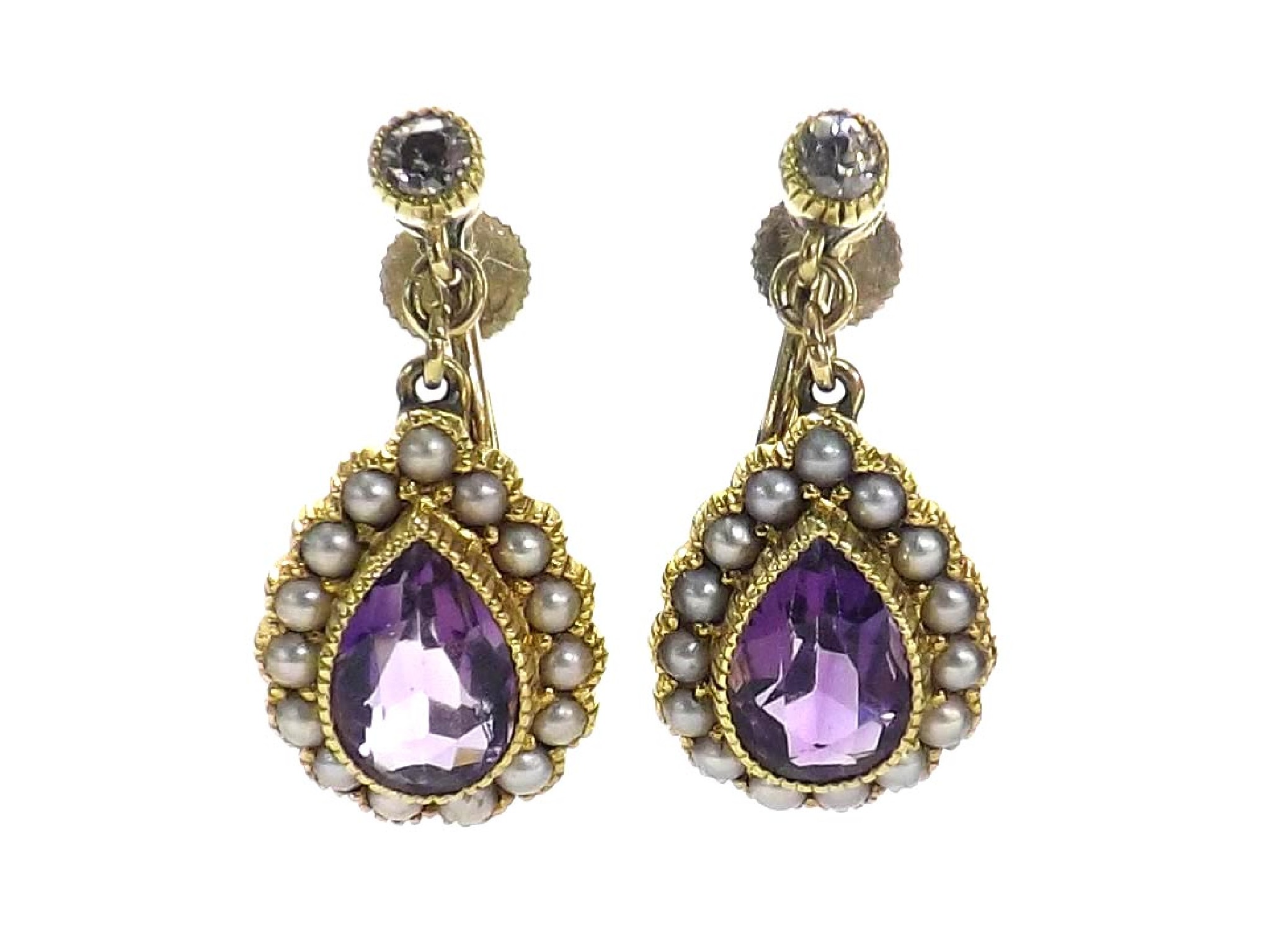 Appraisal: Pair of ct amethyst pearl and diamond pear shaped drop