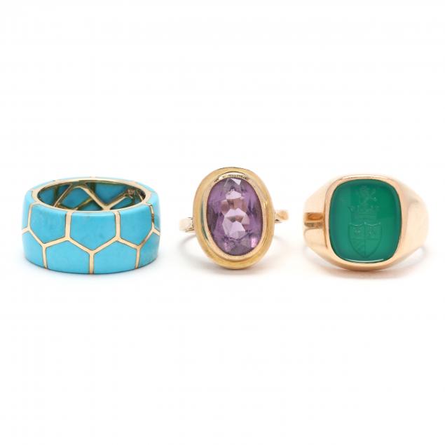 Appraisal: THREE GOLD AND GEM-SET RINGS To include a gold and