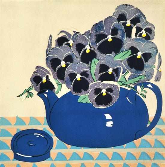 Appraisal: AILEEN BROWN BORN Tea Pot of Blue Pansies linocut x