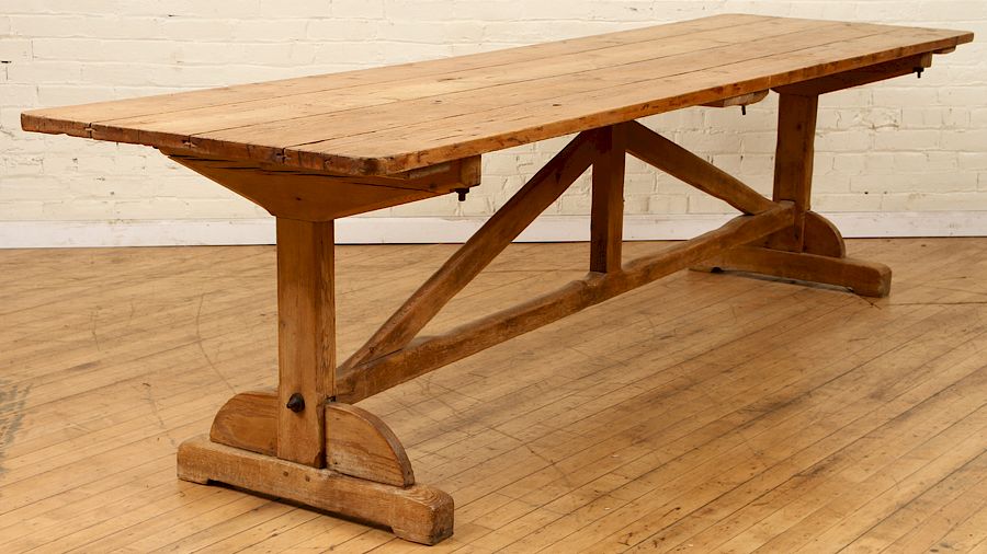 Appraisal: AMERICAN PINE FARM TABLE ON TRESTLE BASE An American pine