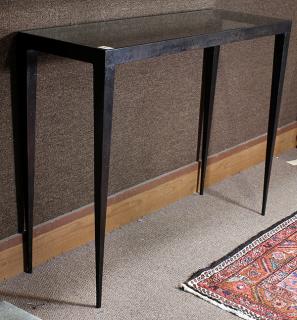 Appraisal: Moderne patinated steel and glass console table Moderne patinated steel