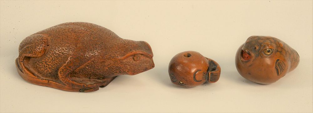 Appraisal: Three Carved Wood Japanese Pieces to include oversize carved tadpole