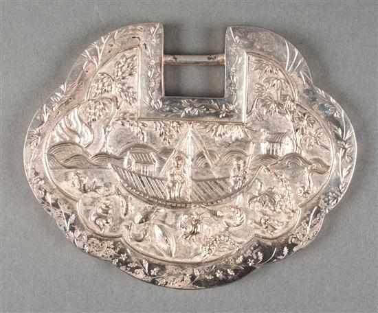 Appraisal: Chinese silver-plated copper lappet with repousse boating scene th century