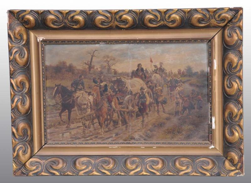 Appraisal: Oil Painting on Board of Early Soldier Weapons Description Possibly