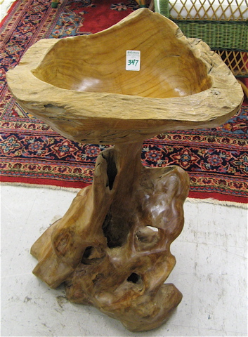 Appraisal: TEAK ROOT FLOOR PEDESTAL BOWL with carved oblong teakwood bowl