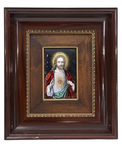 Appraisal: Framed Limoges hand-painted enamel plaque Christ with Sacred Heart signed