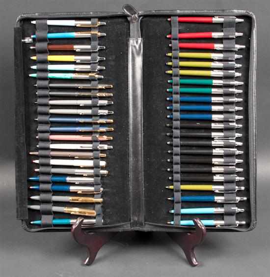 Appraisal: Forty-four Parker ballpoint pens in folding leather-carrying case Estimate -