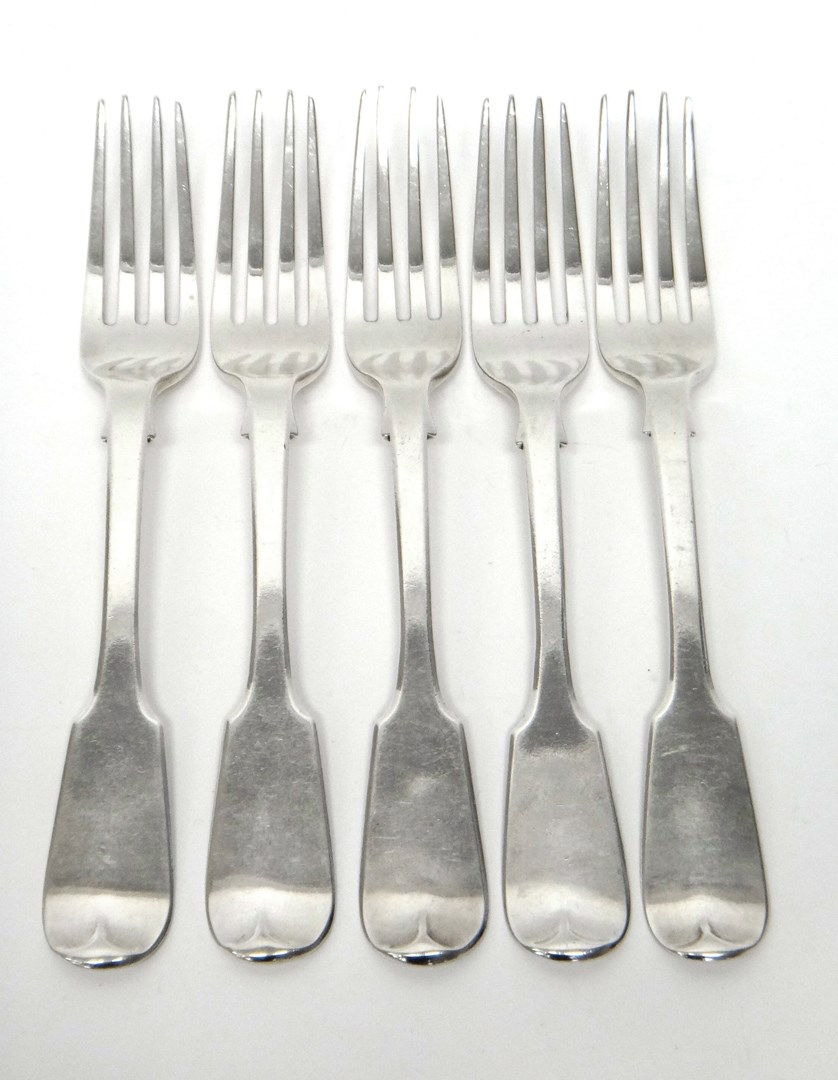 Appraisal: Five Victorian silver fiddle pattern table forks monogram engraved London