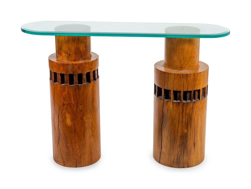 Appraisal: A Contemporary Carved Wood and Glass Top Console Table A