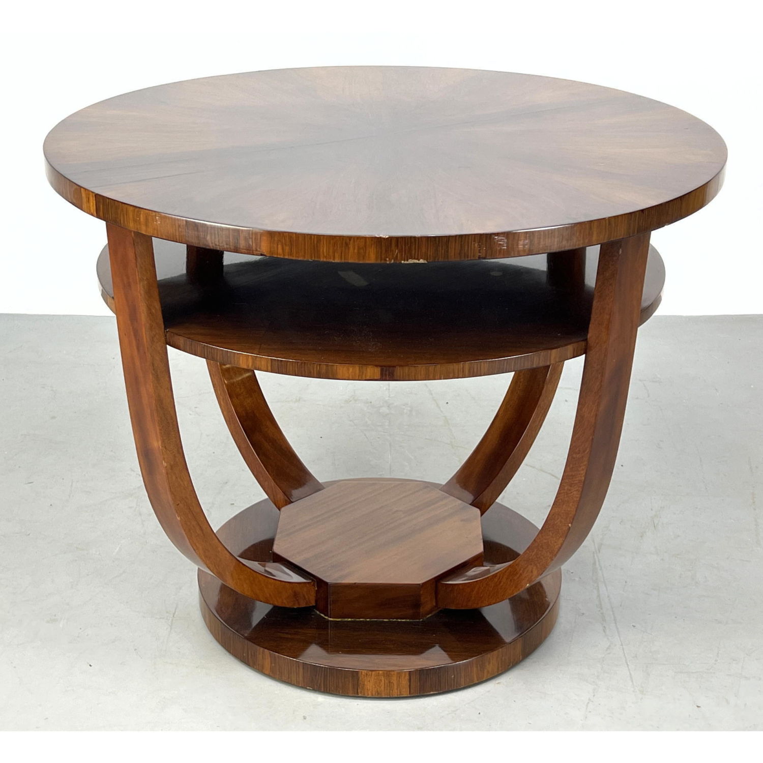 Appraisal: Art Deco French Polish Round Center Table Three levels supported