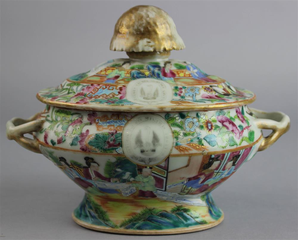 Appraisal: CHINESE EXPORT CANTON FAMILLE ROSE ARMORIAL SAUCE TUREEN AND COVER