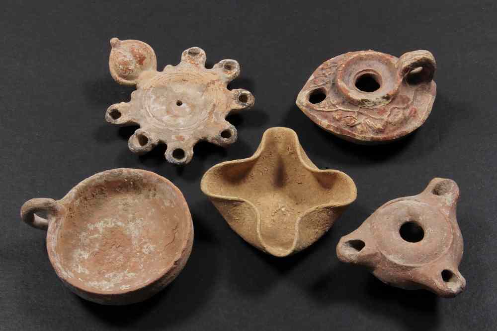 Appraisal: ANCIENT POTTERY LAMPS - Five Terra Cotta Grease or Oil