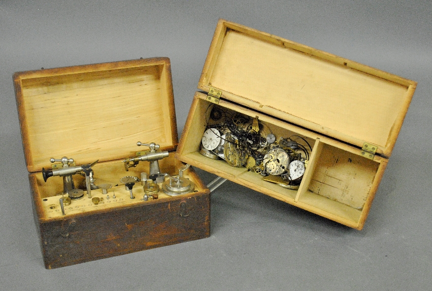 Appraisal: - Wood cased watchmakers lathe and tools case x and