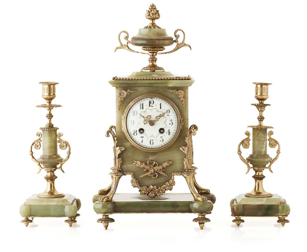 Appraisal: FRENCH ONYX AND GILT METAL MOUNTED CLOCK GARNITURE CIRCA the