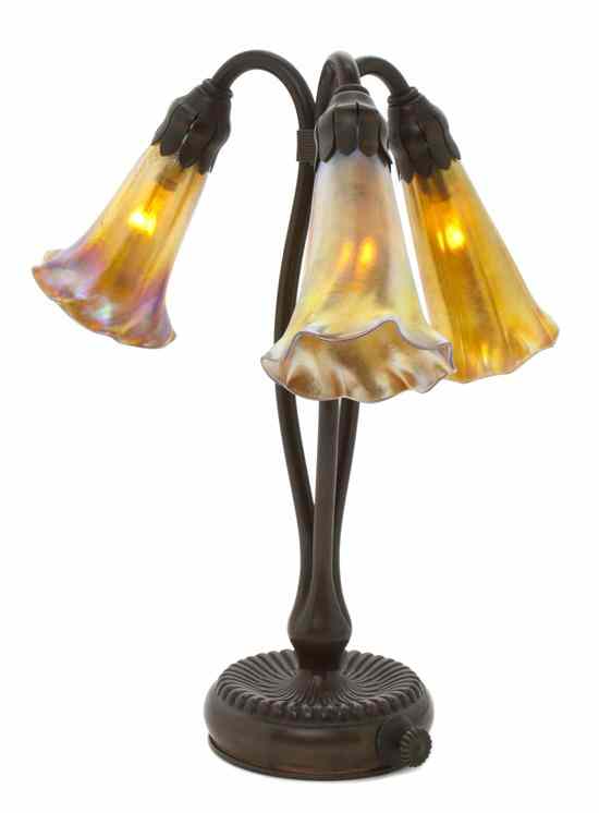 Appraisal: A Tiffany Studios Bronze Three-Light Lily Lamp the base impressed