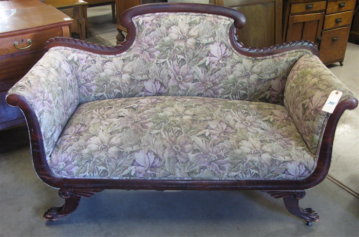 Appraisal: EMPIRE MAHOGANY AND FLORAL TAPESTRY SETTEE American th century Dimensions