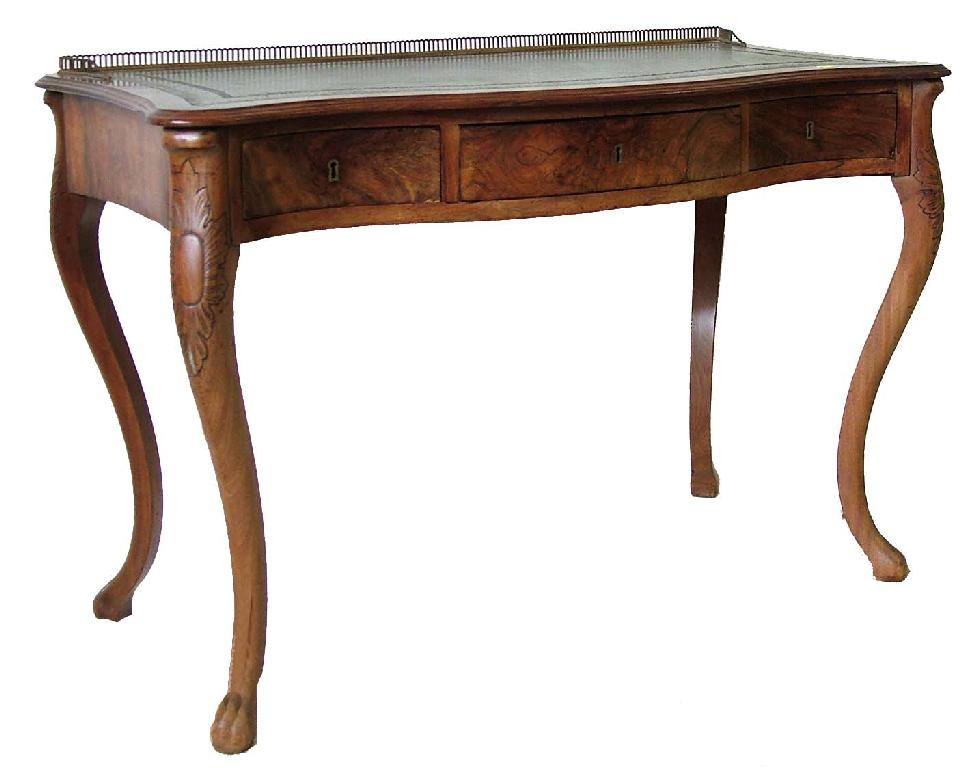 Appraisal: th century rosewood serpentine writing table the green leather inset