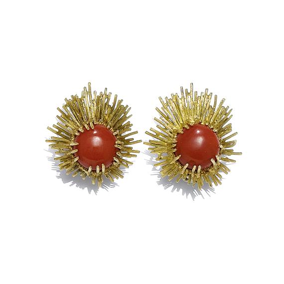 Appraisal: CORAL AND GOLD EAR CLIPS circa Yellow gold Decorative ear