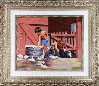 Appraisal: Painting Boys Giving Dog a Bath Pamela Parker American th