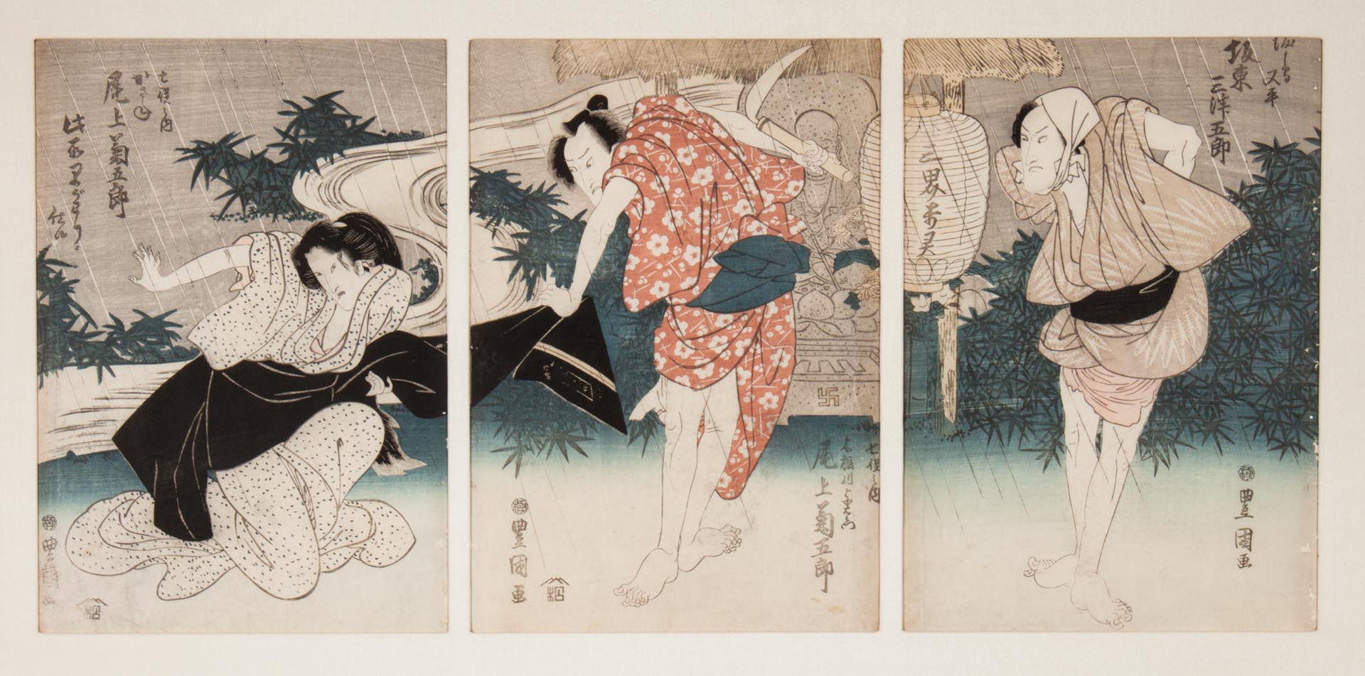 Appraisal: Toyokuni II Three Figures woodblock triptych Utagawa Toyokuni II Japanese