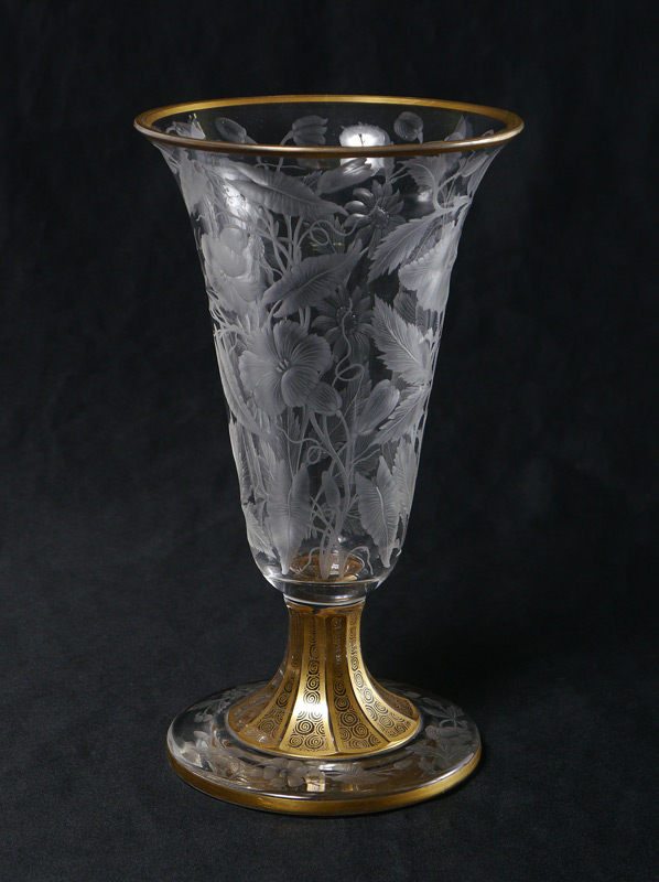 Appraisal: MOSER QUALITY INTAGLIO CUT FLORAL VASE Gilt flared rim intaglio