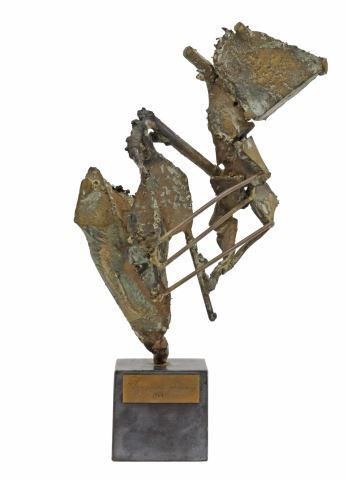 Appraisal: Brutalist bronze sculpture welded abstract forms on a stone plinth