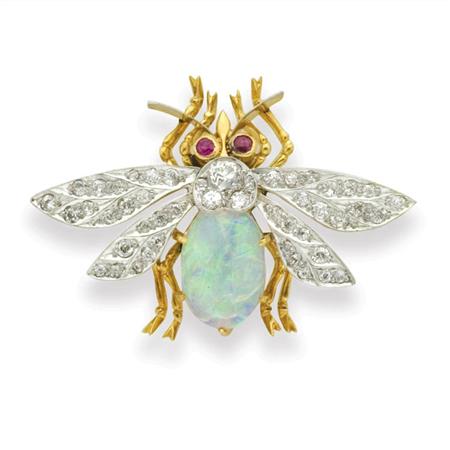 Appraisal: Antique Gold Platinum Opal Diamond and Ruby Bug Pin Estimate