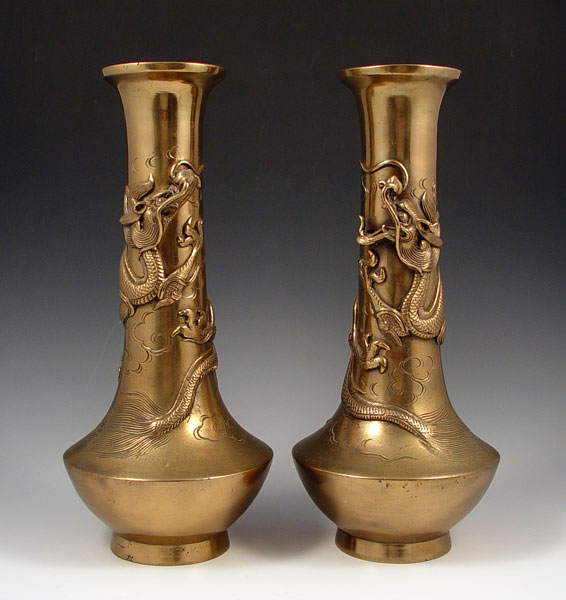 Appraisal: PAIR CHINESE BRASS DRAGON VASES One with open mouth dragon