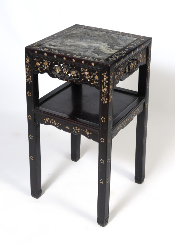 Appraisal: MOTHER OF PEARL INLAID LAMP TABLE Inset grey marble top